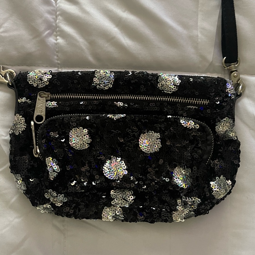 PINK Victoria’s Secret Crossbody Black Sequin with White Silver Polka Dots Purse
